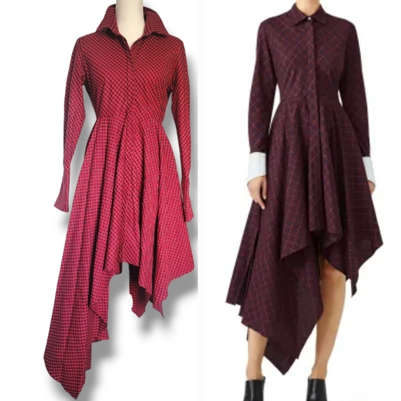 Petersyn Sutton Tartan Red‎ Plaid Cotton Asymmetric A-line Midi Dress Size Small - Picture 3 of 15